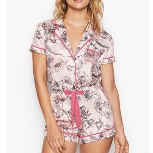 Victoria's Secret Satin Pink Floral Shirt Sleeve Romper Pajamas Size XL